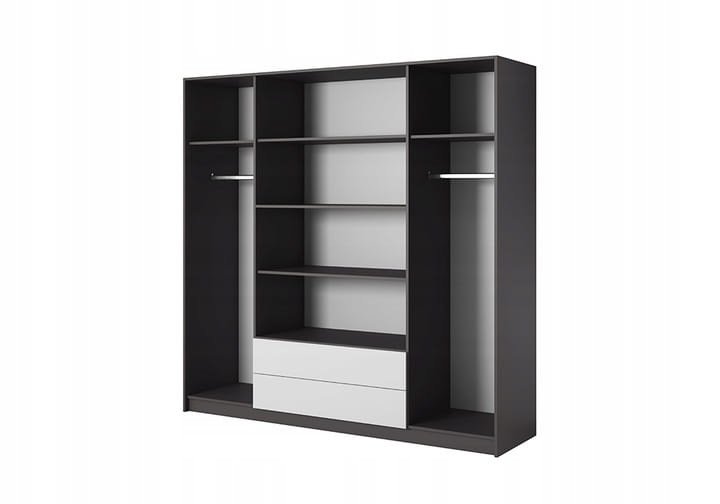 Moderner Kleiderschrank in Grau und Weiß mit Regalfächern und Kleiderstangen für die Schlafzimmerorganisation.