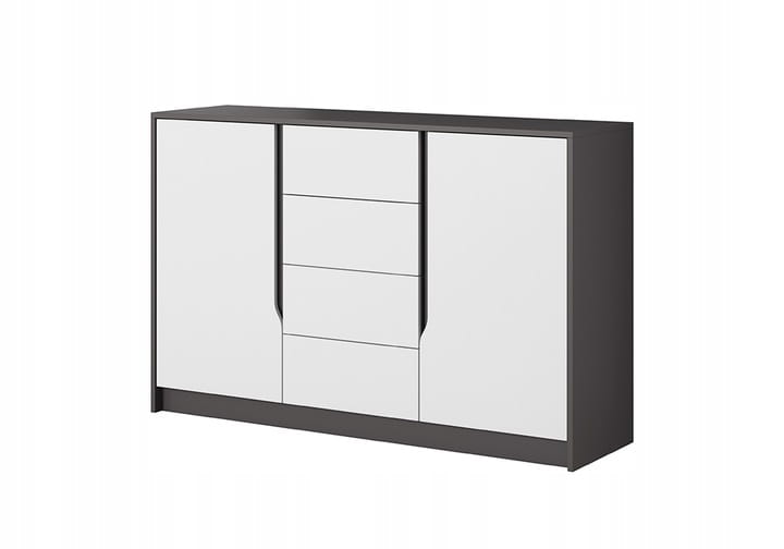 Elegante Kommode in Grau und Weiß mit vier Schubladen und zwei Türen für zusätzlichen Stauraum im Wohnzimmer.