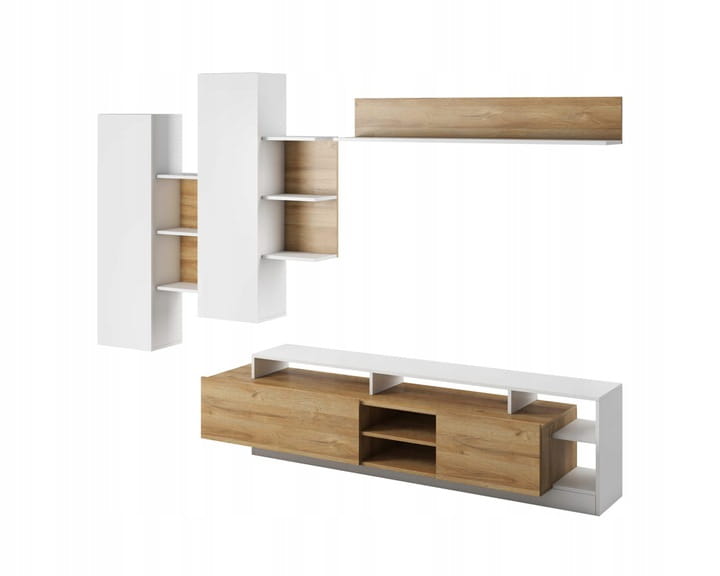 Moderne Wohnwand in Weiß und Eiche-Optik mit TV-Board und Wandregalen.