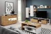 Modernes Wohnzimmer-Set in Eiche und Weiß mit TV-Board, Sideboard und Tisch.