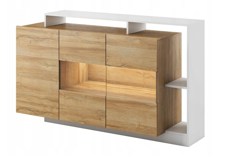 Sideboard in Eichenoptik mit weißem Rahmen und integrierter LED-Beleuchtung.