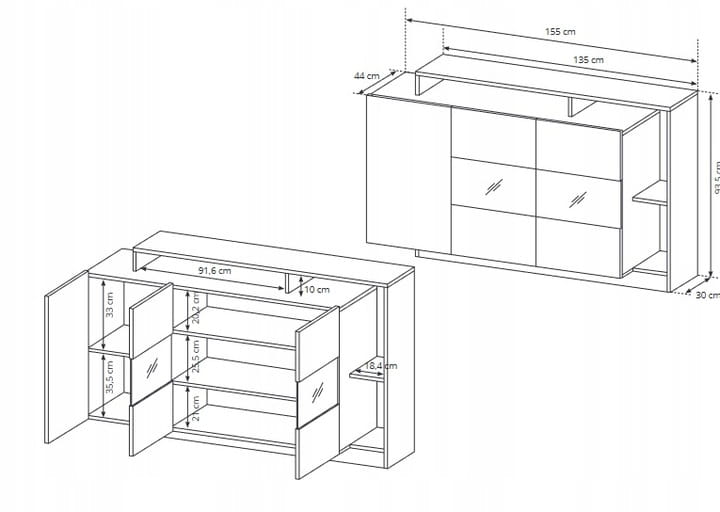 Technische Skizze mit Maßen eines Sideboards inklusive Innenaufteilung.