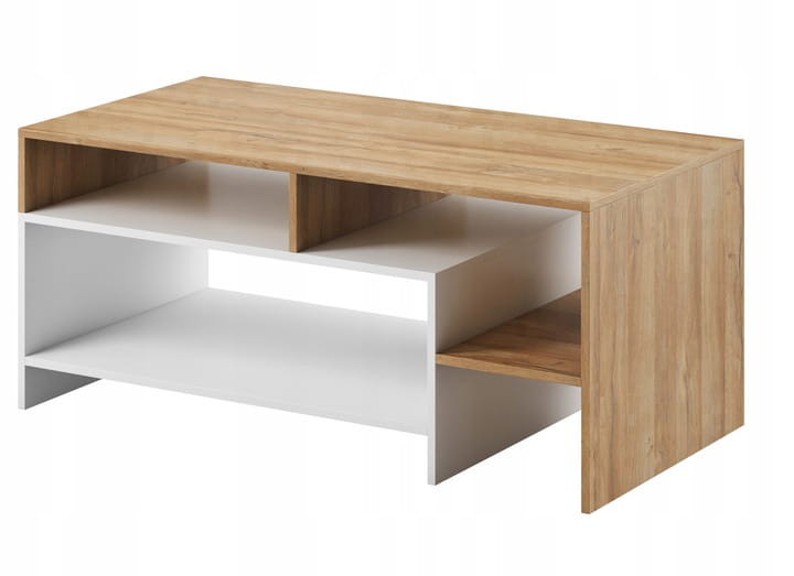 Moderner Couchtisch in Eiche und Weiß mit praktischen Ablagefächern für das Wohnzimmer.