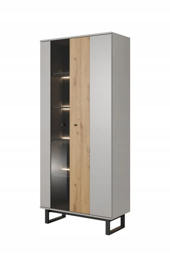 Moderne Vitrine in Grau und Eiche mit Glasfront und integrierter LED-Beleuchtung.