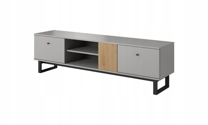 Graues TV-Lowboard mit Eichen-Akzent und modernen schwarzen Metallfüßen.