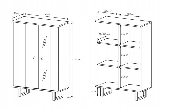 Detaillierte Maßzeichnung für ein Highboard mit Fachaufteilung und Abmessungen.