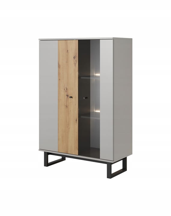 Moderner Highboard-Schrank in Grau und Eiche-Optik mit Glasfront und schwarzen Metallbeinen.