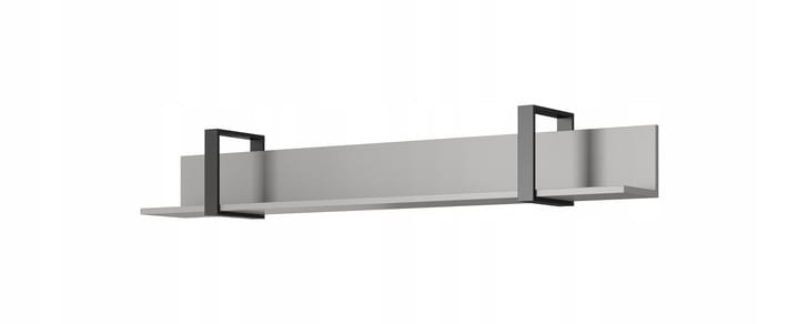 Minimalistisches graues Wandregal mit schwarzen Metallhalterungen für moderne Wohndeko.