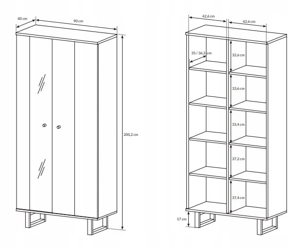 Maßzeichnung eines Schranks mit Abmessungen 90x200 cm und detaillierter Innenansicht.