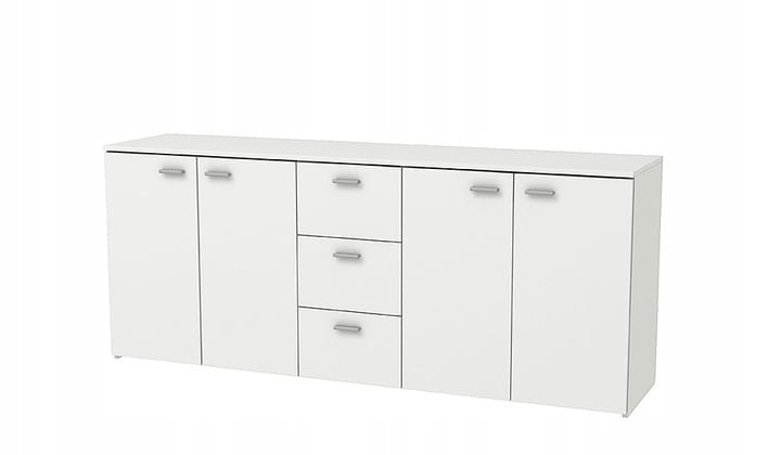 Großes weißes Sideboard mit 4 Türen und 3 Schubladen als Stauraumwunder für das Wohnzimmer.