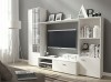 Moderne weiße Wohnwand mit TV-Board und Vitrine für das Wohnzimmer.