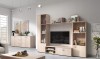 Helle Wohnwand und Sideboard in Holzoptik in einem modernen Wohnzimmer.