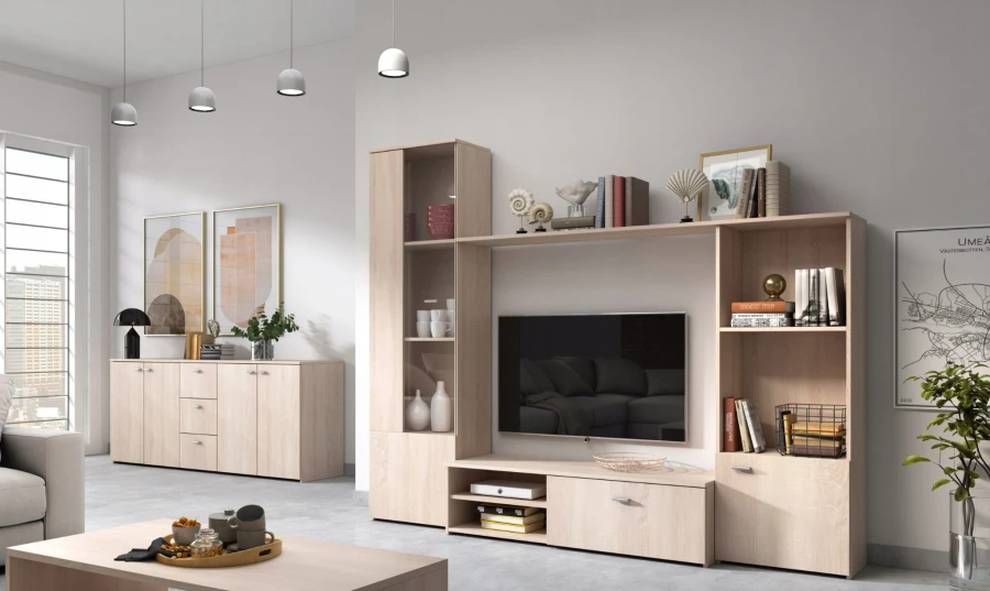 Helle Wohnwand und Sideboard in Holzoptik in einem modernen Wohnzimmer.
