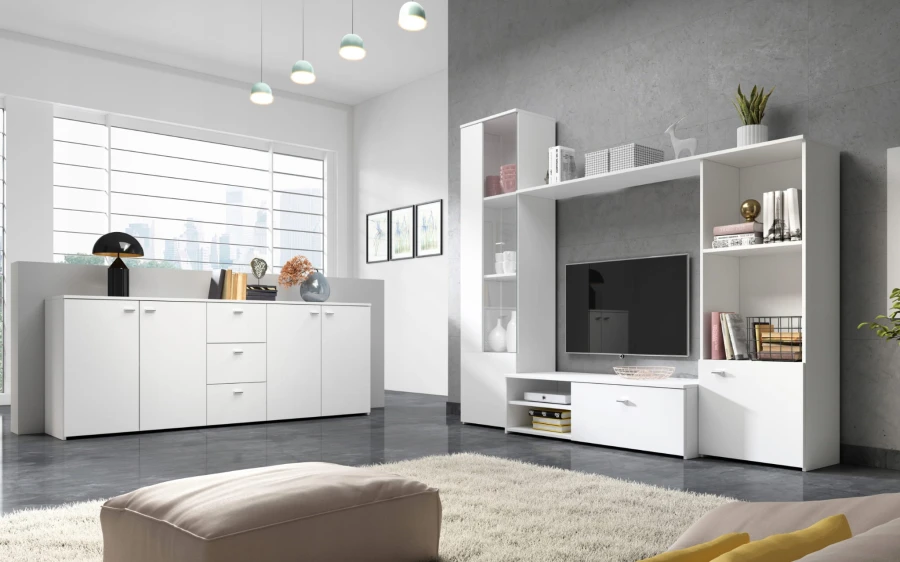 Weißes Wohnzimmer-Set bestehend aus Wohnwand und großem Sideboard.