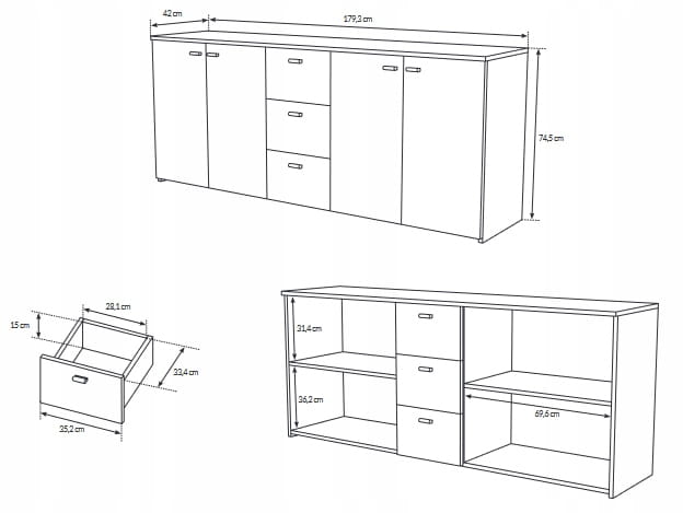 Technische Zeichnung eines Sideboards mit Maßen für Fächer und Schubladen.