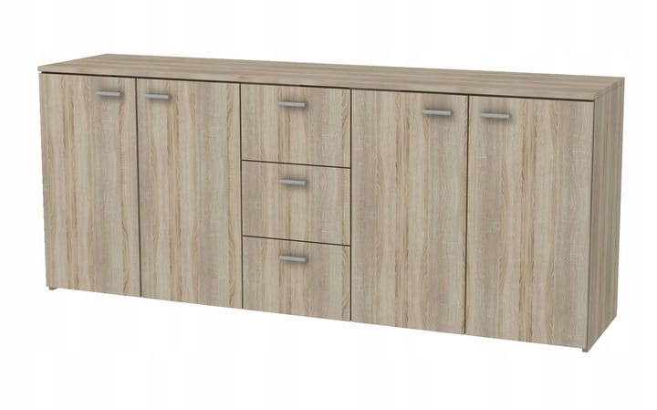 Sideboard in Eiche-Optik mit vier Türen und drei zentralen Schubladen.