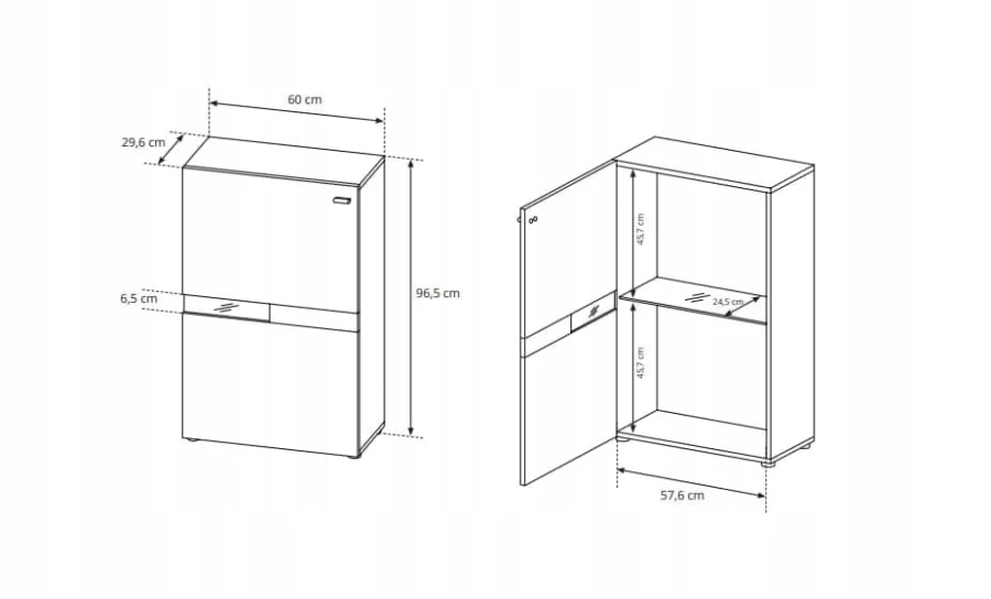 Maßskizze eines Highboards: Abmessungen 60 x 96,5 cm mit Innenfächern.
