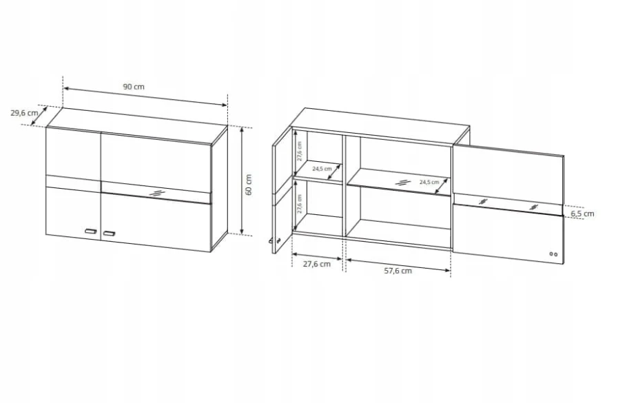 Technische Zeichnung eines Hängeschranks mit Maßen 90 x 60 cm und Fachaufteilung.