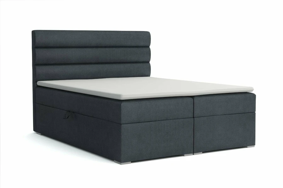 Boxspringbett in Anthrazit mit horizontaler Steppung auf weißem Hintergrund