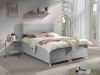 Stilvolles hellgraues Boxspringbett in modern eingerichtetem Schlafzimmer.