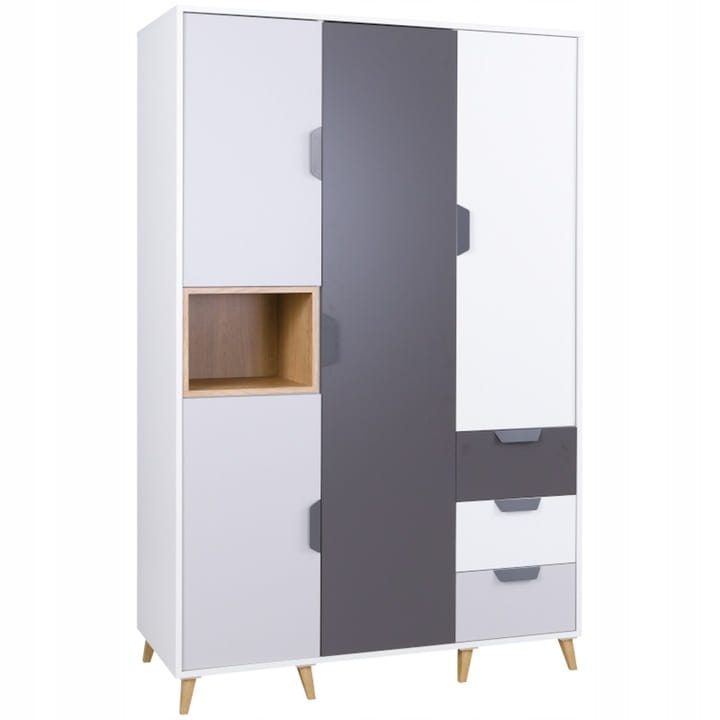 Moderner Kleiderschrank in Weiß-Grau mit Holz-Details und schrägen Beinen im skandinavischen Stil.