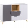 Skandinavisches Sideboard in Weiß und Grau mit offenem Holzfach und eleganten Holzfüßen.