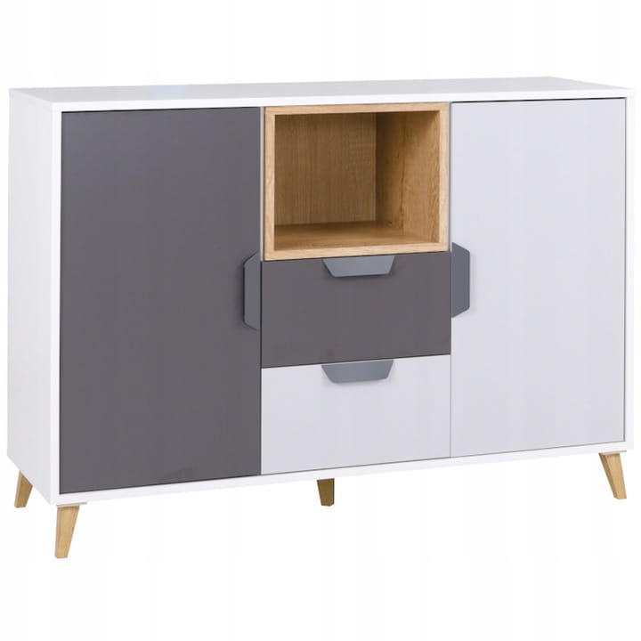 Modernes Sideboard in Weiß und Grau mit offenem Fach in Holzoptik.