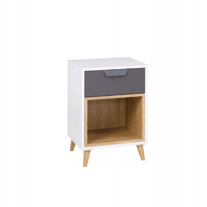 Nachttisch in Weiß und Grau mit Schublade und offenem Fach im skandinavischen Design.