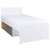 Weißes Einzelbett mit integriertem Stauraum in Grau und Holzoptik.