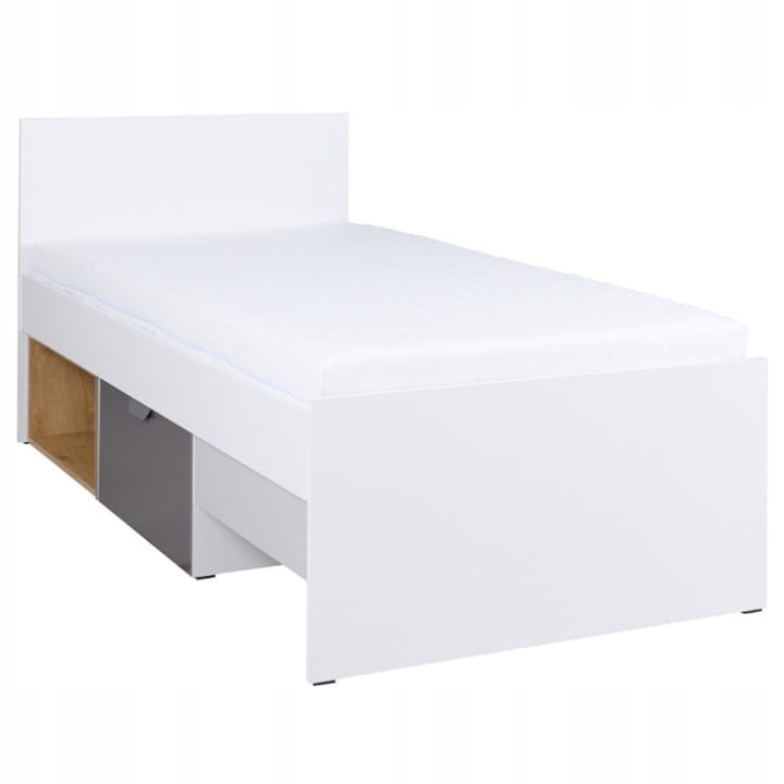 Weißes Jugendbett mit Matratze, grauer Schublade und offenem Holzfach.