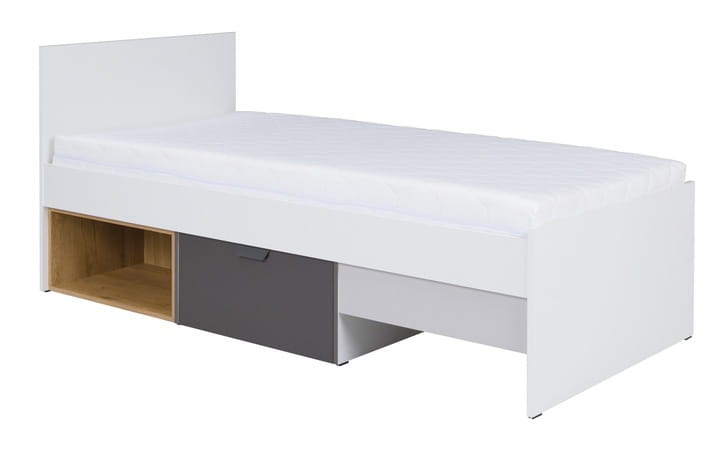 Modernes weißes Einzelbett mit integrierter grauer Schublade und Regalfach in Eichenoptik.
