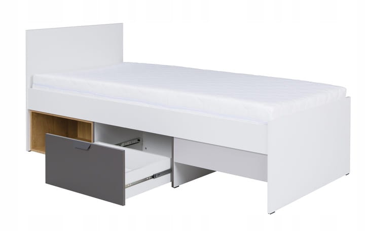 Weißes Funktionsbett mit ausgezogener grauer Bettschublade für extra Stauraum.