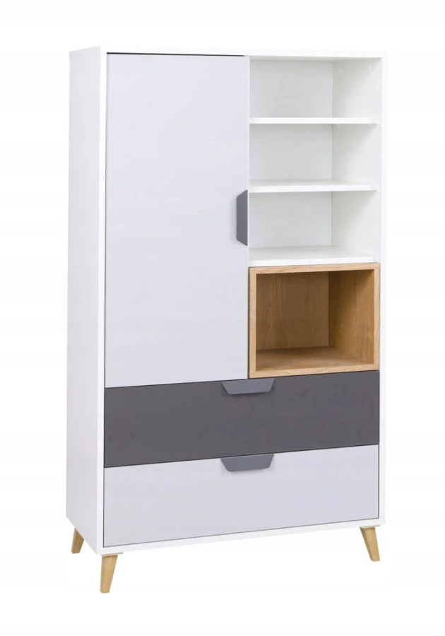 Stilvoller Schrank in Weiß und Grau mit Schubladen und Regalfächern auf Holzbeinen.