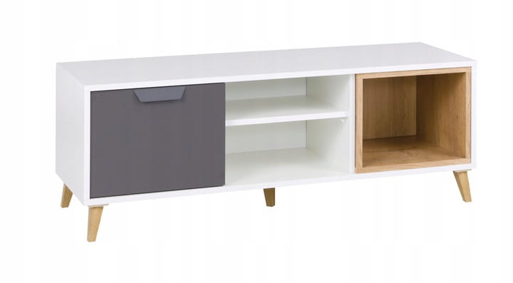 Modernes TV-Lowboard in Weiß und Grau mit offenem Holzregal und stabilen Füßen.