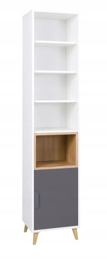 Schmales weißes Regal mit grauer Tür und Holz-Elementen im skandinavischen Stil.