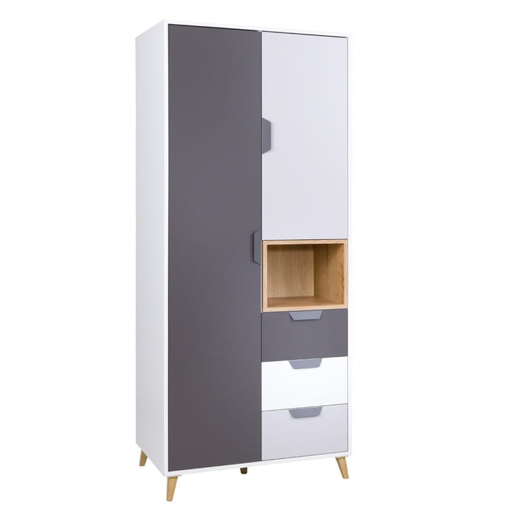 Hoher Kleiderschrank für das Jugendzimmer mit viel Stauraum in Weiß-Grau-Optik.