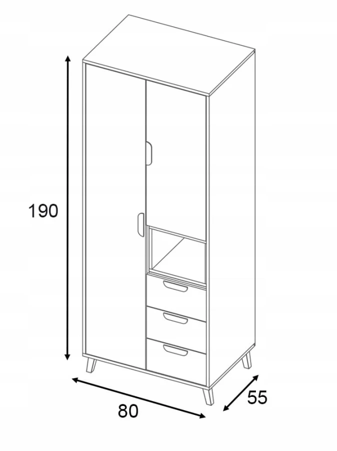 Kleiderschrank-Maße: Technische Zeichnung mit 190 cm Höhe, 80 cm Breite und 55 cm Tiefe.