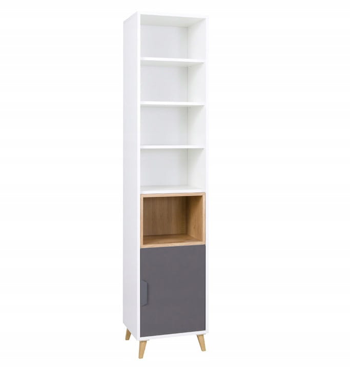 Schmales Standregal in Weiß und Grau mit Holzfächern im modernen skandinavischen Design.