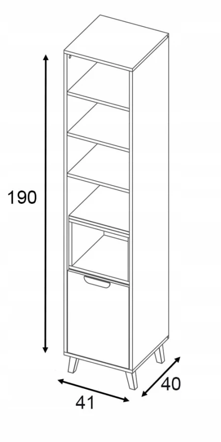 Maßskizze eines schmalen Regals: 190 cm Höhe, 41 cm Breite und 40 cm Tiefe.