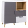 Modernes Sideboard in Weiß und Grau mit Holzbeinen und offenem Regalfach.