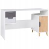Modern white desk with grey drawers and wooden cupboard