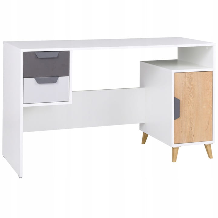Modern white desk with grey drawers and wooden cupboard