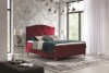 Modernes Boxspringbett in Rot mit gestepptem Kopfteil für ein luxuriöses Schlafzimmer.