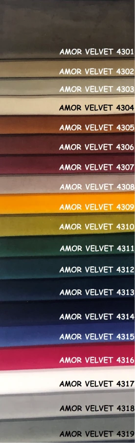 Übersicht Amor Velvet Stoffmuster: Vielfältige Farbauswahl für hochwertige Samt-Möbelstoffe.