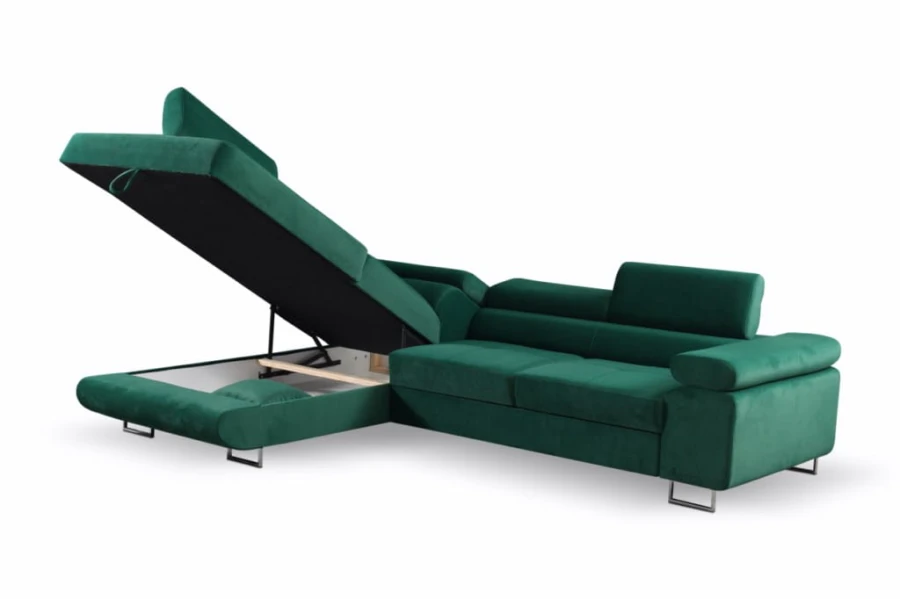 Grünes Ecksofa mit praktischem Bettkasten für zusätzlichen Stauraum.