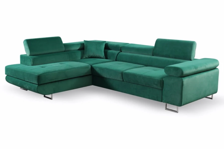 Modernes smaragdgrünes Sofa in L-Form mit verstellbaren Kopfstützen.