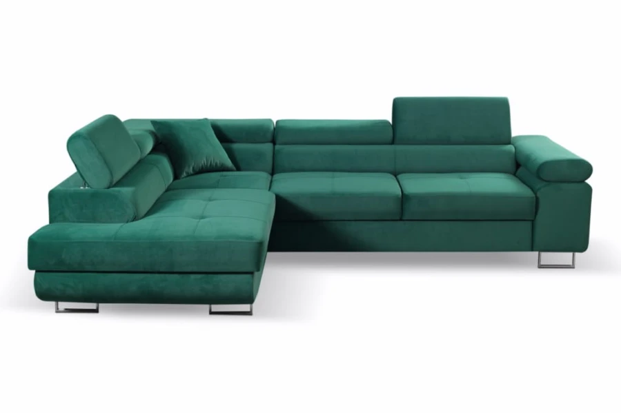 Modernes grünes Ecksofa mit verstellbaren Kopfstützen und Metallfüßen.