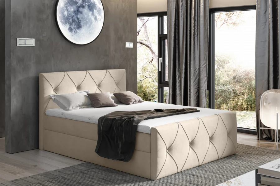 Modernes Polsterbett in Beige mit eleganter Rautensteppung im stilvollen Schlafzimmer.