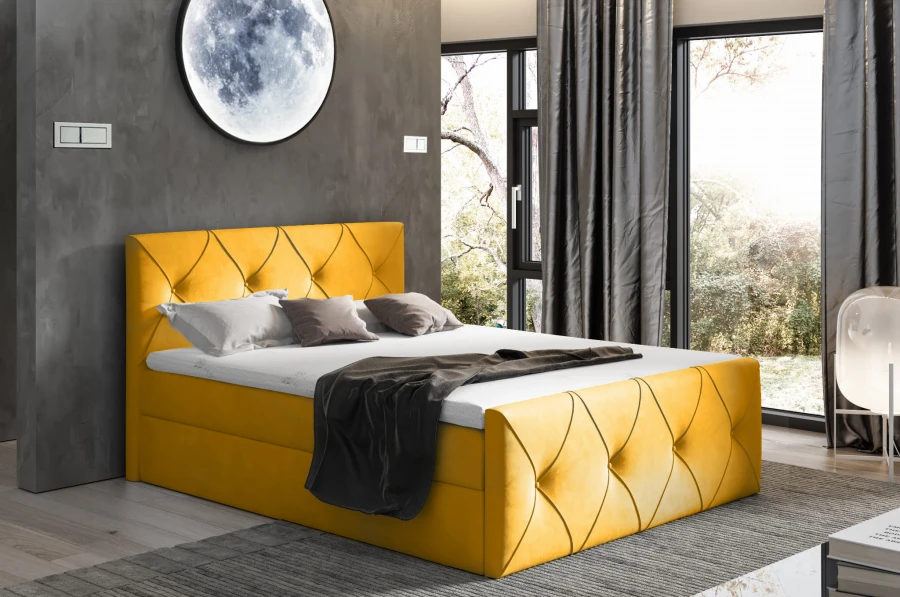 Gelbes Polsterbett mit Rautensteppung als farbenfroher Blickfang im modernen Schlafzimmer.