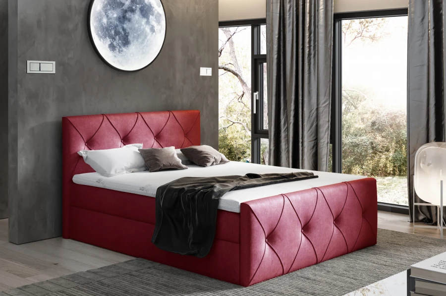 Modernes rotes Polsterbett mit gestepptem Kopfteil in einem stilvollen Schlafzimmer.